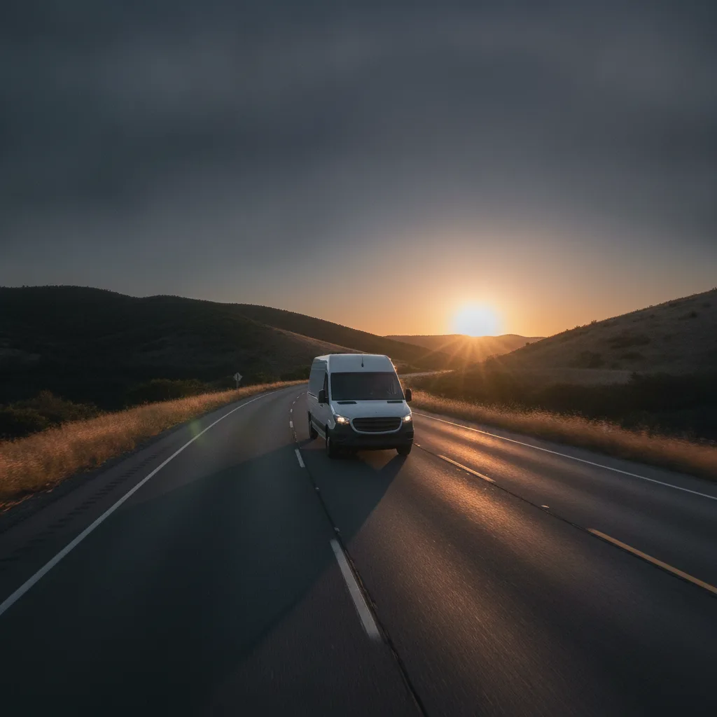 Cargo van driving a highway corridor at dusk
